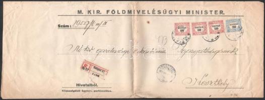 1921 Nagy alakú ajánlott levél 4 db Hivatalos bélyeggel / Registered cover with official stamps