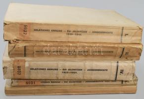 Magyar Kir. Földtani Intézet évi jelentései az 1933-35. évi évekről. III-IV. köt./ az 1936-1938. évekről II. köt./az 1939-1940. évekről. I. köt. Bp., 1940-1943, Stádium, 2+[1125]-1330+2+24 p.+2+IV+VI t.;4+[1337]-1972 p.+21 t.;2+[561]-1122+27 p.+15 t.; XI+544 p.+8 t. Kiadói papírkötések, egy foltos borítóval, szakadt borítókkal és gerincekkel, de belül jó állapotban, régi intézményi bélyegzésekkel. + Lóci Lóczy Lajos: A M. Kir. Földtani Intézet működése az 1939-1940. években. Igazgatói jelentések. Bp., 1943, Stádium, 2+242 p.+ 4 (M. Kir. Földtani Intézet által 1940-ig végzett újrendszerű felvételek átnézetes térképe, A ruténföldi alsómiocén sósagyagformáció paleográfiai térképe, Az Alsó-Máramarosi, Huszt-Aknaszlatina vidéki sóhegység geológiai térképe, Lóczy Lajos: Ruténföld gazdasággeológiai térképe) t. Kiadói papírkötés. Kiadói papírkötés.