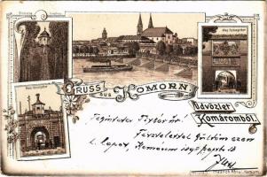 1898 Komárom, Komárno; Steinerne Jungfrau, Neues Festungsthor, Altes Festungsthor Friedrich Rónai No. 1215. / kőszűz a várban, várkapu / monument, catle gates. Art Nouveau, floral, litho (kopott élek / worn edges)