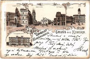 1898 Komárom, Komárnó; Klapka tér és szobor, Városháza, Fő tér, Nádor utca, Vármegye utca, Törvényszéki palota. Róna Frigyes kiadása No 1209. / square, statue, town hall, street view, court. Art Nouveau, floral, litho (EB)
