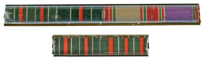 Szalagsávok plasztikkal védett fémcsaton: "Szolgálati Érdemérem" 25 év után + 15 év után + "A Vám- és Pénzügyőrségi Szolgálati Érem" arany fokozata + ezüst fokozata (2x) + bronz fokozata (egy három sávos és egy kettes sávos csat) T:XF