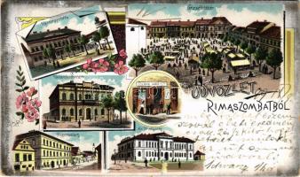 1899 Rimaszombat, Erzsébet tér, Vármegyeház, Takarékpénztár, Főgimnázium, Törvényszék, Lévai Izsó üzlete és saját kiadása / square, county hall, savings bank, secondary school, shop, Art Nouveau, floral, litho (EK)