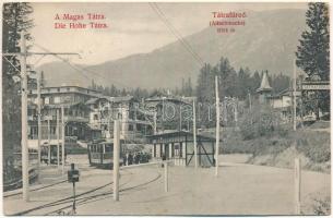 1917 Tátrafüred, Ótátrafüred, Altschmecks, Stary Smokovec (Magas-Tátra, Vysoké Tatry); Ótátrafüred villamos vasútállomás, megállóhely, kávéház / tram station, tramways, railway station, café (szakadás / tear)
