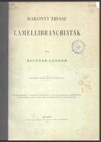 Bittner Sándor: Bakonyi triász-lamellibranchiaták. [A Balaton tudományos tanulmányozásának eredményei I. köt.: A Balatonnak és környékének fizikai földrajza I. rész: A Balaton környékének földrajzi leírása, orografiája és geologiája. Függelék: A Balatonmellék paleontológiája II. köt. 3. rész.] Bp., 1901, Hornyánszky Viktor, 97+1 p.+IX (a táblák előtt magyarázó lapokkal, kőnyomatú képtáblák) t. Átkötött modern félvászon-kötés, bekötött elülső papírborítóval, régi intézményi bélyegzésekkel.