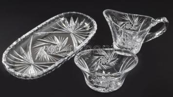 Ólomkristály tea-kávé szervírozó szett, tálcán, jelzés nélkül, hibátlan, 20x10 cm