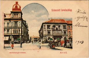 Arad, Széchenyi utca, sörcsarnok és étterem, Első Magyar Általános Biztosító, üzletek, piac. Divald fénynyomatú műintézetéből (Eperjes), színezett levelezőlap / street, beer hall, restaurant, insurance, shops, market. coloured postcard (EK)