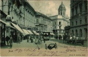 1904 Arad, Atzél Péter utca, lóvasút, üzletek. Bloch H. kiadása / street view, horse-drawn railway, shops (EK)