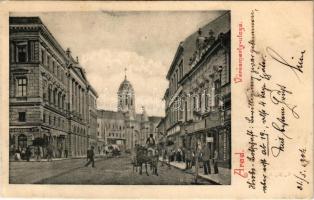 1904 Arad, Vörösmarty utca, Moskovitz Zs. üzlete, borgyári raktár / street, shops (EK)