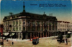 Temesvár, Timisoara; Bonnáz és Kossuth Lajos utca, villamos, üzletek. K. J. Bp. 1917/21. / street vi...