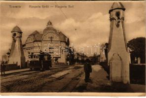 Temesvár, Timisoara; Híd a Hungária fürdővel, villamos / bridge, spa, tram (r)