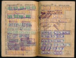 1921-1924 Magyarországi Vas- és Fémmunkások Központi Szövetsége tagsági könyv, sok tagsági bélyeggel, a címlapon Szociáldemokrata Párt választási alapja 50K adománybélyeggel