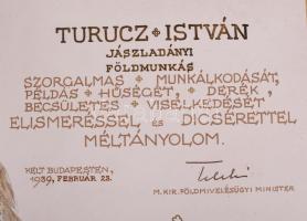 1939 Díszes, litografált oklevél, földműves részére kiállítva, az oklevél felső sarkában szentkoroná...