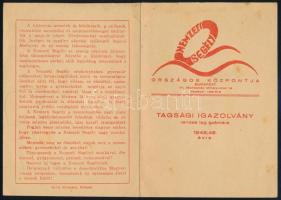 1945 Nemzeti Segély Országos Központja tagsági igazolvány az 1945/46. évre, benne 2 db segélybélyeggel