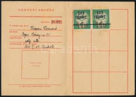 1945 Nemzeti Segély Országos Központja tagsági igazolvány az 1945/46. évre, benne 2 db segélybélyegg...