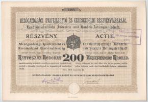 1910. Déva "Mezőgazdasági Iparfejlesztő és Kereskedelmi Részvénytársaság" részvénye 200K-ról, szelvényekkel, szárazpecséttel és felülbélyegzéssel T:AU Hungary / Déva 1910. "Agricultural Industry Development and Trade Share Company" share about 200 Kronen, with coupons, embossed stamp and overprints C:AU