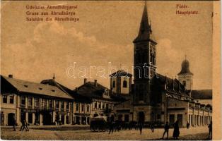 Abrudbánya, Abrud; Fő tér, Keller József, Molnár Árpád, D. Wagner Jenő üzlete, templomok. 505:07 / main square, shops, churches (vágott / cut)