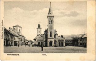 Abrudbánya, Abrud; Fő tér, templomok, Molnár Árpád üzlete. Skalangya József kiadása / main square, churches, shops (fl)
