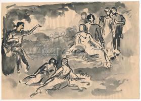 Jelzés nélkül: Társaság a szabadban. Lavírozott tus, ceruza, papír. 14,5x21 cm