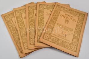 1928 Innendekoration. Die gesamte Wohnungskunst in Bild und Wort. Herausgeber: Hofrat Alexander Koch. XXXIX. Jahrgang. Mai, Juni, Juli, August, September. (5 db.) Darmstadt, Alexander Koch. Fekete-fehér képekkel illusztrálva, hirdetésekkel. Német nyelven. Kiadói papírkötés, szakadt borítókkal, de belül jó állapotban.