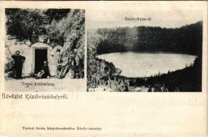 1905 Kézdivásárhely, Targu Secuiesc; Torjai kénbarlang (Bálványos), Szent Anna tó (Tusnád). Turóczi István kiadása / Turia cave, Lacul Sfanta Ana lake (fa)