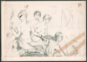 Jelzés nélkül: Álarcos női aktok. Ceruza, lavírozott tus, papír. 19x29 cm