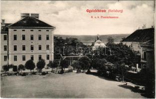 1911 Gyulafehérvár, Alba Iulia; Utász laktanya. F. Schäser kiadása / K.u.K. Pionierkaserne / K.u.K. military pioneer barracks (gyűrődés / crease)