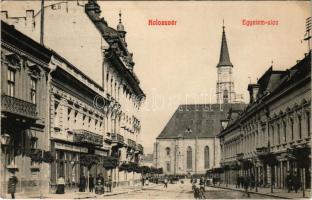 1911 Kolozsvár, Cluj; Egyetem utca, templom, Sámson Jakab üzlete. Lepage Lajos kiadása / street view, church, shops (EK)