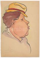 Olvashatatlan jelzéssel, XX. sz. első fele: Kalapos hölgy (karikaturisztikus portré). Akvarell, tus, papír. 22x15 cm