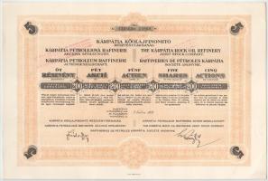 Csehszlovákia 1924. Munkács "Kárpátia Kőolajfinomító Részvénytársaság" részvénye 200K-ról, bélyegzésekkel T:AU Czechoslovakia 1924. Mukačevo "The Kárpátia Rock Oil Refinery" share aboutt 200 Korona, with cancellations C:AU