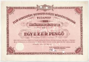 1943. Budapest "Első Keresztény Biztosító Intézet Részvénytársaság" száz részvénye egyben, összesen 1000P-ről, szelvényekkel, szárazpecséttel és lyukasztásokkal érvénytelenítve T:AU