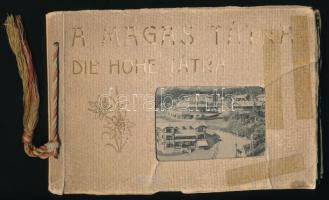 cca 1900 A Magas Tátra / Die Hohe Tatra, album 21 db fekete-fehér képpel (Újtátrafüred, Tátralomnic, Nagytarpataki vízesés, stb.), Tátrafüred-Bp., Kertész Tódor kiadása, zsinórfűzéses papírkötés, viseltes borítóval, 13,5x19,5 cm