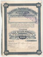 Románia 1928. Arad-Brad"Aradi-Bradi Ipari Részvénytársaság" részvénye 1000L-ről bélyegzésekkel, szelvényekkel T:F tűlyukak Romania 1928. Arad-Brad "Arad-Brad Industrial Stock Company" share about 1000 Lei with coupons and overprints C:F needle holes