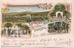 1902 Rigósfürdő, Bogda-Rigós-fürdő, Bogdarigós, Bogda; látkép, kápolna, vendéglő, étterem, fürdő épület. Schwidernoch Károly műintézete (Bécs) / general view, chapel, restaurant, spa, bath. Art Nouveau, floral, litho (vágott / cut)