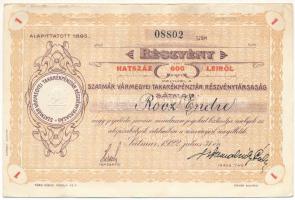Románia 1922. Szatmárnémeti "Szatmár Vármegyei Takarépénztár Részvénytársaság" névre szóló részvénye 600L-ről szelvényekkel, szárazpecséttel T:AU Romania 1922. Satu-Mare "Szatmár Vármegyei Takarépénztár Részvénytársaság" share about 600 Lei with the shareholders name, with coupons C:XF,VF