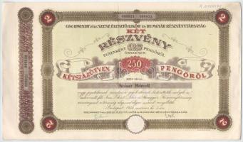 1934. Budapest "Gschwindt-féle Szesz-, Élesztő-, Likőr- és Rumgyár Részvénytársaság" részvénye 250P-ről, szelvényekkel és szárazpecséttel, 1947-es kiállítású igazolással T:XF