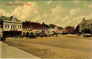 Pozsega, Pozega; Trg Franje Josipa / Ferenc József tér, piac, gyógyszertár, üzletek. Cecilije Bauer / square, market, pharmacy, shops (EK)