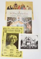 A Délvidéki Földmívelők Gazdasági Egyesületének kiállítása bejárata 1901-ben, fekete-fehér nyomat, 24x29,5 cm + Az Osztrák-Magyar Monarchia címerét, korabeli oklevelet és reklámokat ábrázoló reprint nyomtatványok, 4 db, változó méretben