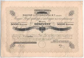 1923. Budapest "Magyar Llyod Művek Rt." felülbélyegezve a "Magyar Llyod repülőgép- és motorgyár részvénytársaság" részvényén, huszonöt darab részvény egyben, összesen 5000K-ról, szelvényekkel, szárazpecséttel T:F restaurált