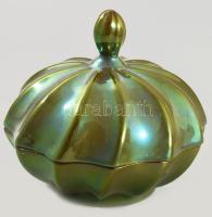 Zsolnay eozinmázas csavartbordás bonbonier. Jelzett, hibátlan, eredeti dobozában, d: 11 cm, m: 10 cm