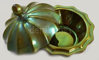 Zsolnay eozinmázas csavartbordás bonbonier. Jelzett, hibátlan, eredeti dobozában, d: 11 cm, m: 10 cm