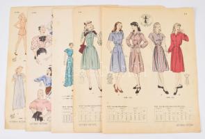 Butterick Patterns U.S.A. női divatillusztrációk, mérettáblázatokkal, 5 db kétoldalas nyomtatvány, változó állapotban, 35,5x27 cm