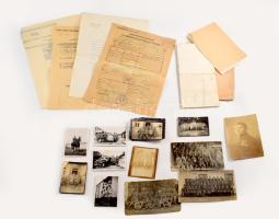 Szép I. és II. világháborús militária tétel 10 db katonai fotó, benne csoportképek, házasúló katonák, hozzá házassági engedély, valamint kapcsolódó iratok