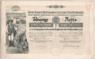 Appony 1914. "Appony-Kovarczi Mezőgazdasági és Szeszipari Részvénytársaság" névre szóló részvénye 200K-ról, szelvényekkel és szárazpecséttel T:AU fo. Hungary 1914. Appony (Oponice) "Appony-Kovarczi Agricultural and Distillery Company" shares of 200 Korona, with coupons and dry seal C:AU spotted