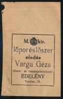 ca 1930 M. kir. lőpor és lőszer eladás Edelény, Varga Géza reklámos papírtasak 8x12 cm