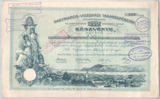 Nagymaros 1921. "Nagymaros-Visegrádi Takarékpénztár Részvénytársaság" névre szóló részvénye 200K-ról szelvényekkel, bélyegekkel, felülbélyegzésekkel és szárazpecséttel T:F Hungary 1921. Nagymaros "Nagymaros-Visegrád Savings Bank Limited Liability Company" shares of 200 Korona with coupons, stamps, overstamps and dry seal C:F