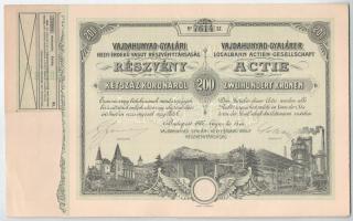 1907. Budapest "Vajdahunyad-Gyalári Helyi - Érdekű Vasút Részvénytársaság" részvénye 200K-ról szárazpecséttel, szelvényekkel T:AU Hungary / Budapest 1907. "Vajdahunyad-Gyalári Helyi - Érdekű Vasút Részvénytársaság (Vajdahunyad-Gyalár Local - Interest Railway Share Company)" share about 200 Kronen with embossed stamp and coupons C:AU