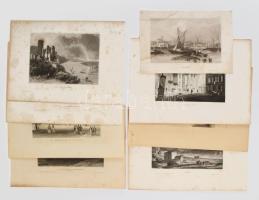 8 db vegyes külföldi helyszíneket ábrázoló acélmetszet, változó méretben és állapotban, részben foltos