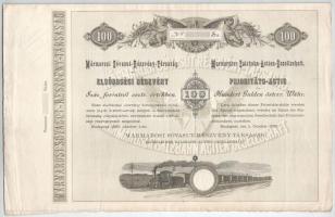 Budapest 1890. "Máramarosi Sóvasut-Részvény-Társaság" elsőbbségi részvénye 100Ft-ról, sorszám nélkül, szárazpecséttel T:F Hungary 1890. Budapest "Máramaros Salt Railway Company" preference share of 100 Forint, without serial number, with embossed stamp C:F