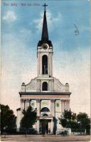 1941 Óbecse, Ó-Becse, Stari Becej; Rim. kat. crkva. Vlad. Radosavljevic / római katolikus templom / Roman Catholic church + "DÉL VISSZATÉR" (gyűrődések / creases)