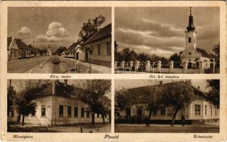 1943 Pincéd, Bács-Pivnica, Pivnice; Fő utca részlet, görögkeleti templom, községháza, üzletrészlet / street, Greek Orthodox church, town hall, shops (EK)